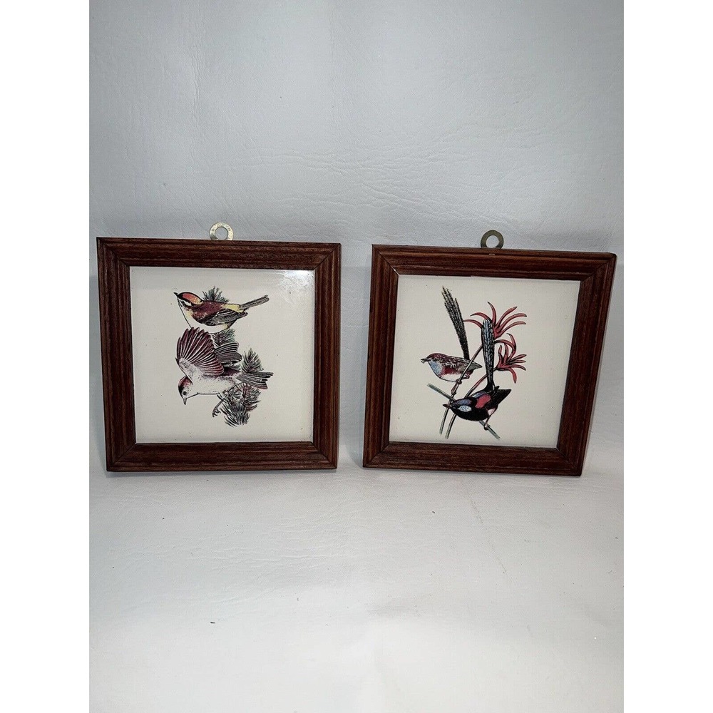 (2) Vintage 5x5 Ceramic Tile Trivets Birds On A Branch & Pine Cone Wall Hang